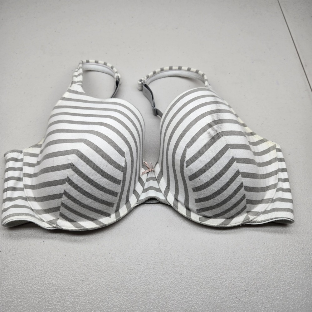 Cacique Women Bra 38DDD Gray White Striped T Shirt Underwired Bow Jersey